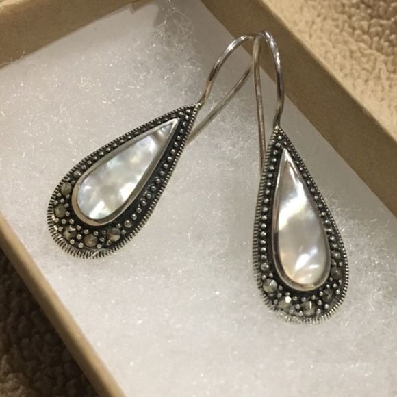 Sterling Silver 925 Marcasite Outlined Mother of Pearl Drop Earrings - Picture 5 of 13